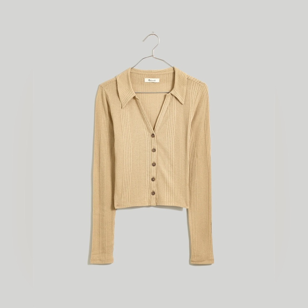 Madewell Variegated Rib V-Neck Polo Shirt in Drill Khaki